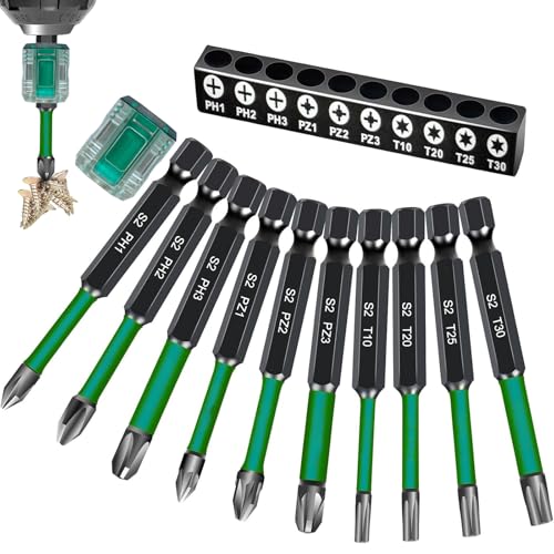 BAKESHU 70mm langer Schraubendreher Bit Set,Ph1 Ph2 Ph3 Pz1 Pz2 Pz3 T10 T20 T25 T30 Magnetkopf Bitsatz mit Einem Magnetisierer,1/4" Sechskantschaft von BAKESHU