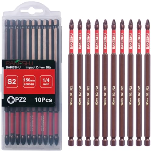 BAKESHU Pozidriv PZ2 Magnetische Schlagschrauber-Bits, robustes magnetisches Schraubendreher-Bit-Set, S2-Bits, 150 mm (10 Stück) von BAKESHU