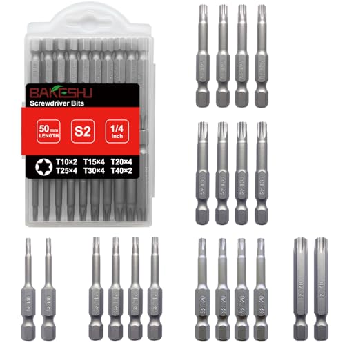 BAKESHU Torx Bit lang Set, T10-T15-T20-T25-T30-T40 Bit-Sortiment aus S2 (Länge: 50 mm, 20 Stück) von BAKESHU