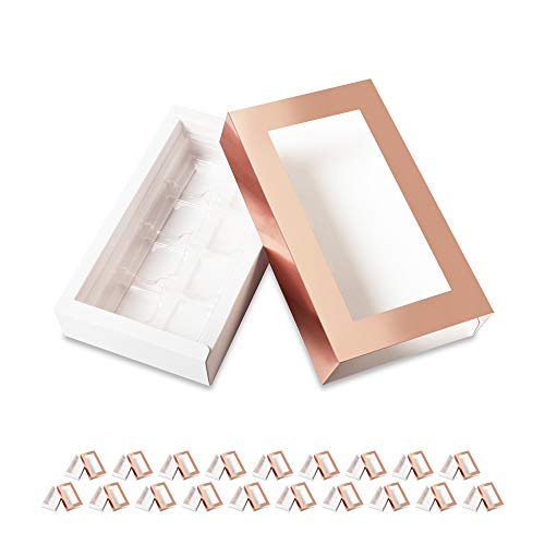 BAKIPACK 20 rotgoldene Trüffelboxen, Schokoladenbox-Verpackung, Süßigkeitenschachteln mit 8-teiligen Kunststofftablett (Tablettgröße mit 14x7 cm, ausziehbare Verpackung mit transparenten Fensterhüllen von BAKIPACK
