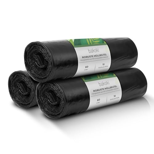 Bakoki Müllbeutel 60L - Extrem Reißfest, Extra Stark, Ideal Für Haushalt, Garten Und Betrieb -3 x 10er Rolle, Schwerlast Müllsäcke Für Renovierung Und Gewerbe-Abfälle, Große Müllsäcke, LDPE von BAKOKI