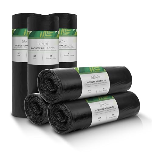 Bakoki Müllbeutel 60L - Extrem Reißfest, Extra Stark, Ideal Für Haushalt, Garten Und Betrieb -6 x 10er Rolle, Schwerlast Müllsäcke Für Renovierung Und Gewerbe-Abfälle, Große Müllsäcke, LDPE von BAKOKI