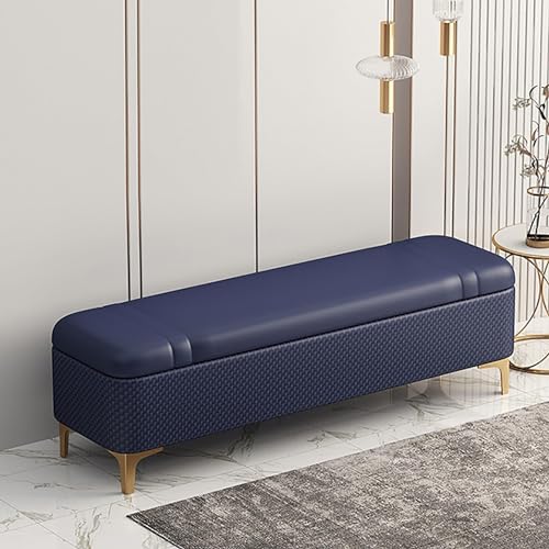 Fußbank Aus Pu Leder Bett Bequeme Fußstütze Schlafzimmer Goldenen Metallbeinen Eingangsbereich Wohnzimmer Flur(Blue,100x40x40cm) von BAKULI