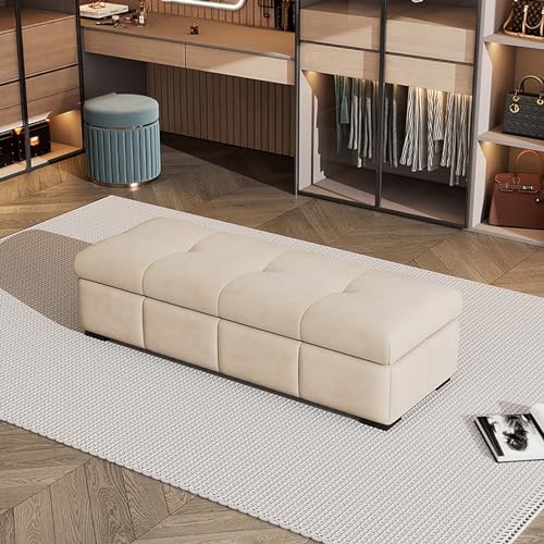 Fußhocker Samt Eingangsbereich Gepolsterte Ottoman Bänke Stauraum Bank Fußende Bettes Wohnzimmer Schlafzimmer Flur(Beige,120x40x45cm) von BAKULI