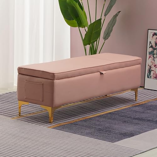 Ottomane Bank Mit Stauraum Mit Seitentasche Gepolsterter Osmanen Fußstützenhocker Rechteckige Schuhban Eingangsbereich Mit Klappdeckel Bettende Bank For Schlafzimmer Wohnzimmer(Color:Pink,Size:80x40x4 von BAKULI