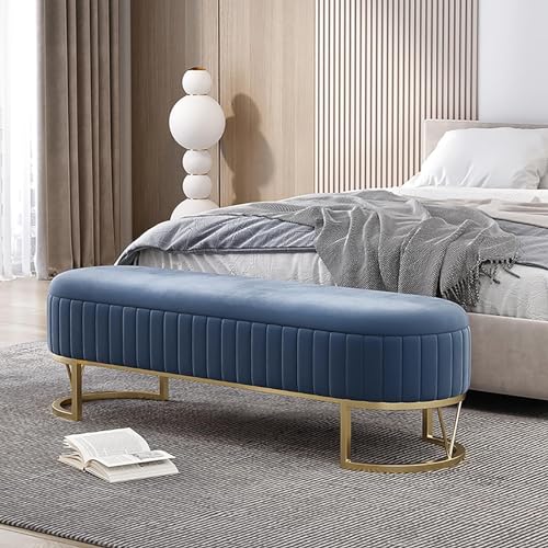 Samt Wohnzimmer Aufbewahrungsbank Goldener Basis Moderne Schuhbank Bequemer Fußstützenhocker Eingangsbereich(Blue,100x45x42cm) von BAKULI