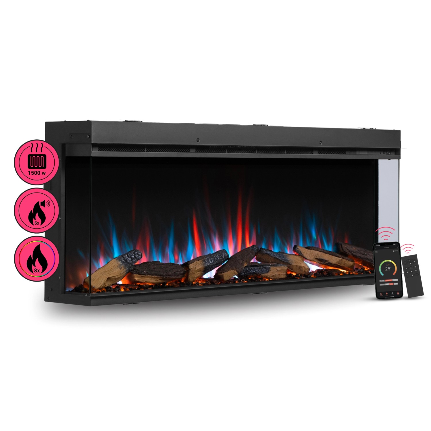BALDERIA AH-52 Elektrokamin Einbaukamin Heizung 3D-Flammeneffekt Wifi App Schwarz von BALDERIA