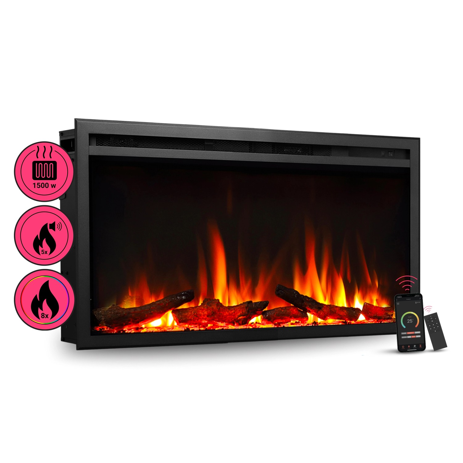 BALDERIA AT-33 Elektrokamin Einbaukamin Heizung 3D-Flammeneffekt Wifi App Schwarz von BALDERIA