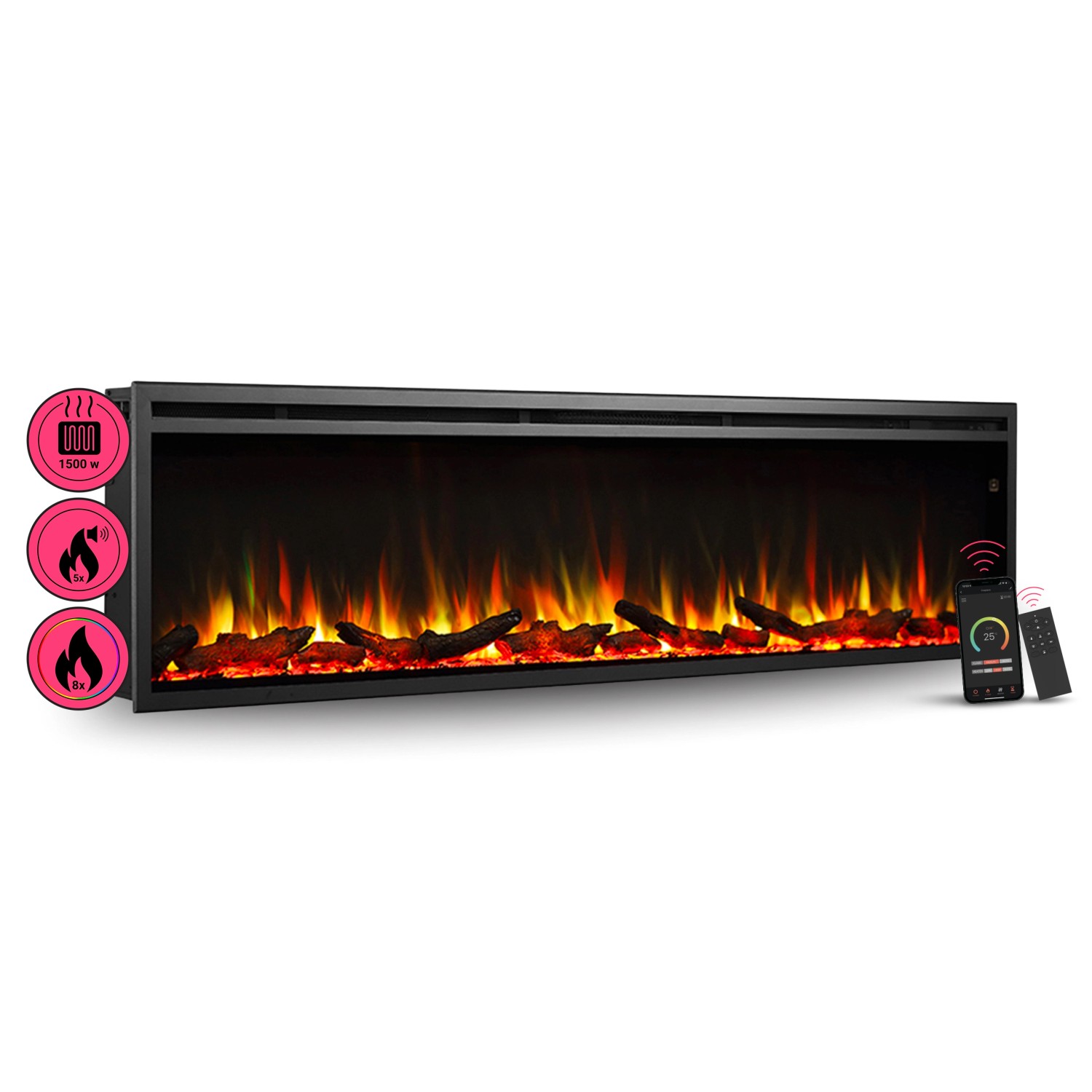 BALDERIA AT-72 Elektrokamin Einbaukamin Heizung 3D-Flammeneffekt Wifi App Schwarz von BALDERIA