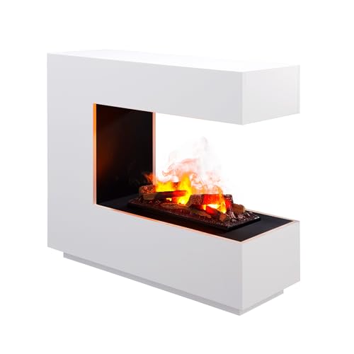 BALDERIA Cassiopeia Elektrokamin | Raumteiler-Standkamin mit Optimyst-LED-Flammenillusion | Wassernebel, Knister-Sound, Scheite, 360° Flammen-Blick | Kamin-Möbelstück mit Fernbedienung | Weiß von BALDERIA