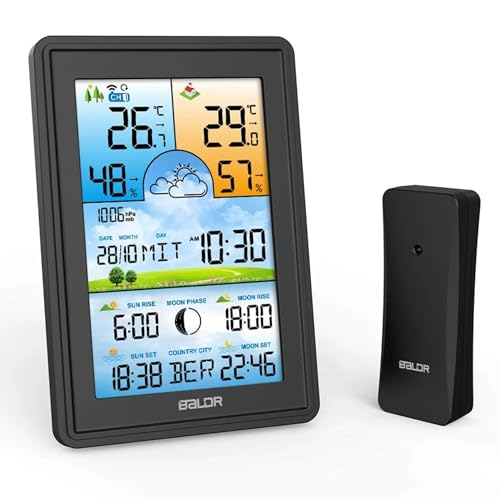 BALDR Funk-Wetterstation mit Außensensor | Farbdisplay | 3 Kanäle | Digitales Thermometer Hygrometer für Innen und Außen | Feuchtigkeit Wettervorhersage | Datum, Uhrzeit von BALDR