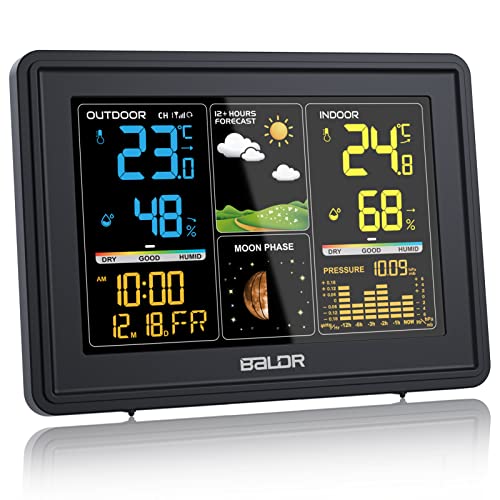 BALDR Wetterstation Funk mit Außensensor, Digital Farbdisplay DCF-Funkuhr Innen und Außen Thermometer Hygrometer, Funkwetterstation mit Wettervorhersage, Barometer und Mondphase, Netzteil von BALDR