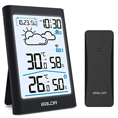 BALDR Wetterstation Funk mit Außensensor, Digital DCF-Funkuhr Außen Innen Thermometer Hygrometer Raumthermometer Funk mit Wettervorhersage von BALDR