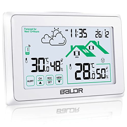 BALDR Wetterstation Funk mit Außensensor, Digital DCF-Funkuhr mit Wettervorhersage, Lüftungsempfehlung und Hintergrundbeleuchtung, Batteriebetrieben von BALDR