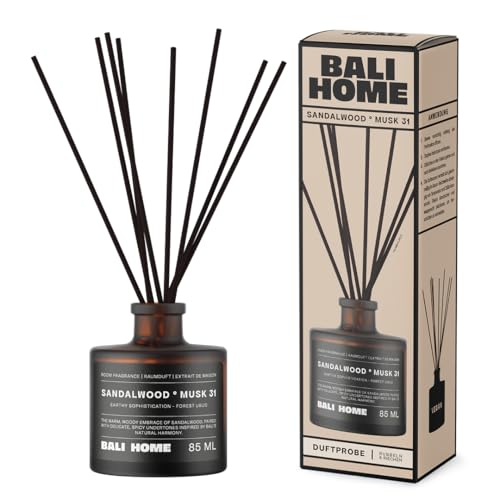 Bali Home Sandalwood Musk – Luxuriöser Raumduft mit Sandelholz & würzigen Aromen – Aromatischer Diffusor mit Duftstäbchen – Beruhigender Duft für stilvolle Räume – Lang anhaltend – 85 ml von BALI HOME by Hank Ge