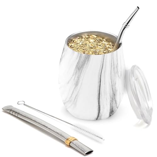 balibetov - Neu - Modernes Yerba Mate Gourd Set (Mate Tasse) - Doppelwandiger 18/8 Edelstahl Enthält zwei Bombillas und eine Reinigungsbürste (GOLD MARMOR, 235 ml) von balibetov