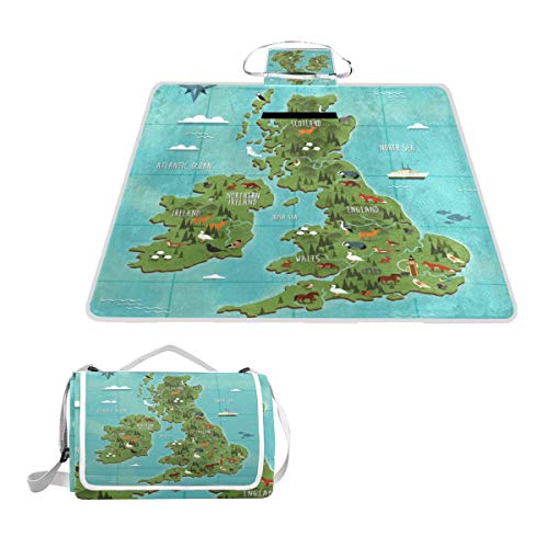 BALII Bali Cartoon Tier England Map Picknickdecke Teppich Matte Wasserdicht Rückseite für Outdoor Strand Camping von BALII