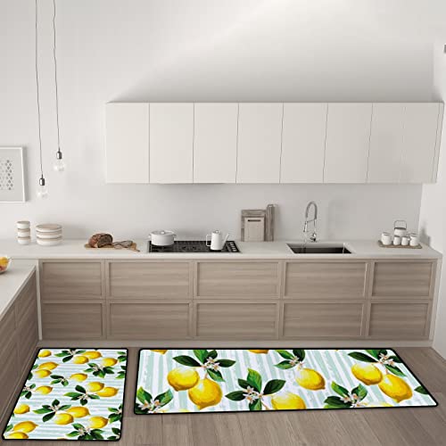 Küchenteppiche Set 2-teiliges rutschfest Waschbare Frucht-Zitronen-Streifen Küchenfußmatten für Flur küche Wohnzimmer Badezimmer Anti-Müdigkeit Teppich läufer (45x74cm + 45x148cm) von BALII