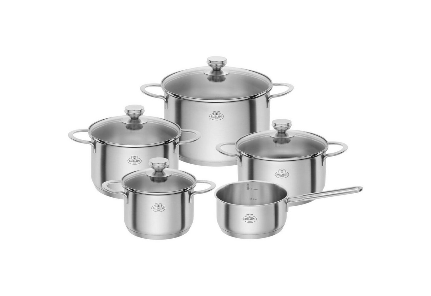 BALLARINI Topf-Set Topfset 5 teilig Ancona, Edelstahl (Set, 5-tlg., 3 Kochtöpfe, 1 Bratentopf, 1 Stielkasserolle), Kochtopf Stieltopf von BALLARINI