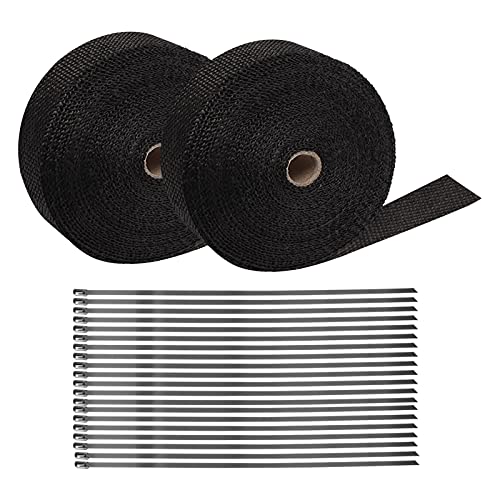 BALLSHOP 2 Stücke Hitzeschutzband Basaltfaser 15M Auspuffband mit 30 Edelstahl Kabelbinder für Fächerkrümmer Thermoband Motorrad Krümmerband Schwarz von BALLSHOP