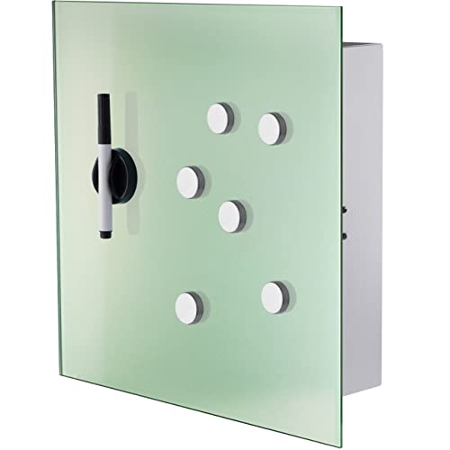 BALOU Schlüsselkasten modern mit Glas Magnettafel - Memoboard magnetisch mit 6 Magneten und Stift - Schlüsselschrank groß mit 20 Haken 33x33x6,8cm mintgrün von BALOU