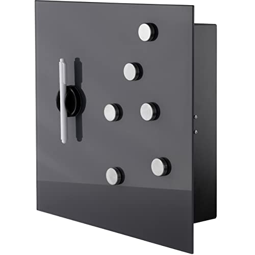 BALOU Schlüsselkasten modern mit Glas Magnettafel - Memoboard magnetisch mit 6 Magneten und Stift - Schlüsselschrank groß mit 20 Haken 33x33x6,8cm anthrazit von BALOU