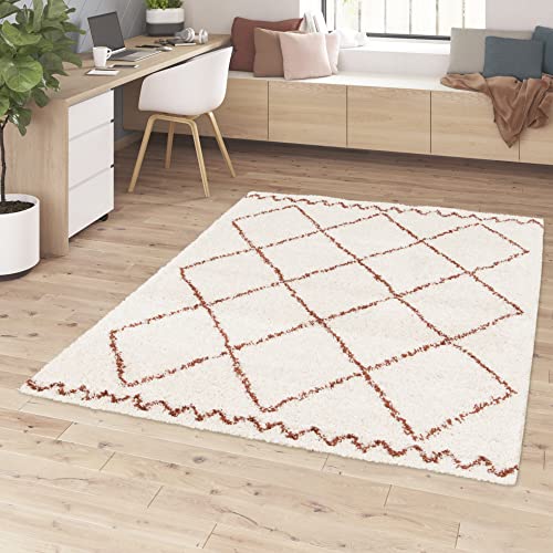 BALTA Berberteppich, Shaggy Wohnzimmer Teppich im geometrischen Stil, Teppich 160x230 cm, Weich und bequem, Pflegeleicht, 100% Polypropylen 30 mm dick, 160 x 230 cm, Terracotta - Weiß von BALTA