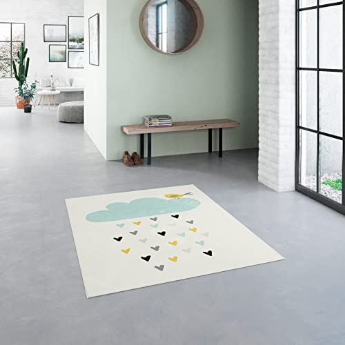 BALTA Kinderteppich, Rechteckiger Kurzflor Teppich, ideal für Kinderzimmer - Spielzimmer, pflegeleicht - schmutzabweisender Teppich, 100% Polypropylen, 120x170 cm, Beige - Blau von BALTA