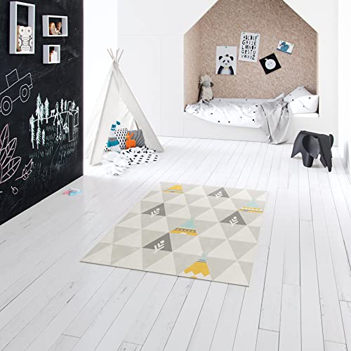 BALTA Kinderteppich, Rechteckiger Kurzflor Teppich, ideal für Kinderzimmer - Spielzimmer, pflegeleicht - schmutzabweisender Teppich, Tipis, 100% Polypropylen, 120x170 cm, Beige - Grau von BALTA