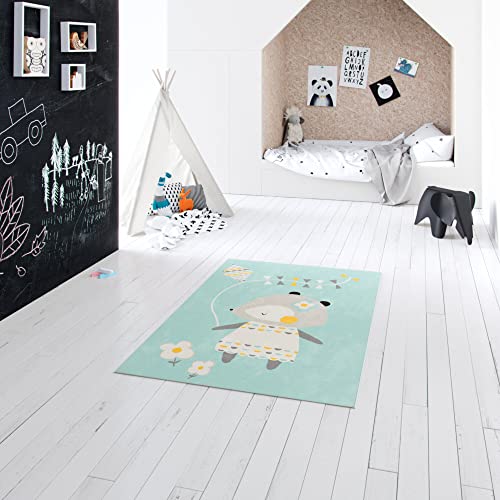 BALTA Kinderteppich Bär, Rechteckiger Kurzflorteppich, ideal für das Kinderzimmer - Spielzimmer, pflegeleicht - schmutzabweisend, Polypropylen, 120x170 cm, Blau - Mehrfarbig von BALTA