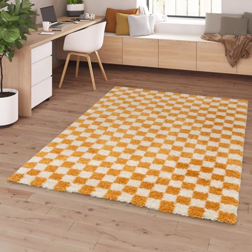 BALTA Shaggy Schachbrettmuster Teppich, Rechteckiger Teppich für das Wohnzimmer - Schlafzimmer, Weich und Bequem, Pflegeleicht, Florhöhe 30 mm, Polypropylen, 160x230, Orange von BALTA