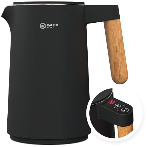 BALTER Edelstahl Wasserkocher mit Temperatureinstellung, 45°C-100°C, Doppelwand, BPA frei, leise & kabellos, Warmhaltefunktion, Teekocher mit Temperaturanzeige, 1.5L, 2200W, Schwarz (Black) von Balter