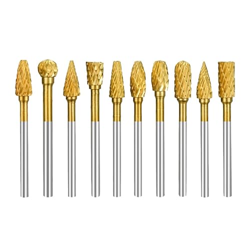 BALUGAEA Hartmetall Frässtifte Set mit 3 mm Schaft – 6mm Schneiddurchmesser, 10 Stück Doppelschnitt-Frässtifte, Titan Beschichtete Rotationsfräser für Holz Gravieren, Schleifen und Metall Polieren von BALUGAEA