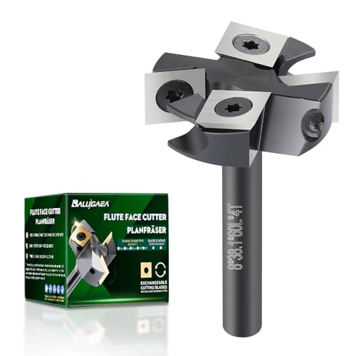 BALUGAEA Planfräser für Oberfräsen mit 8 mm Schaft – 38,1 mm Schnittdurchmesser – ausgestattet mit 4 austauschbaren Hartmetallmessern 12 x 12 mm, Fräser zum Planfräsen, Nutfräsen und Kantenfräsen von BALUGAEA