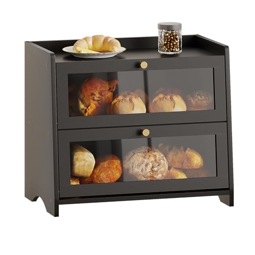 BAMBANG Groß Bambus Brotkasten für Küchentheke, 2 Stufe Bauernhaus Brotbox, Holz Brotkasten Brotaufbewahrungsbehälter Halter für Selbstgemachtes Brot, Schwarz von BAMBANG