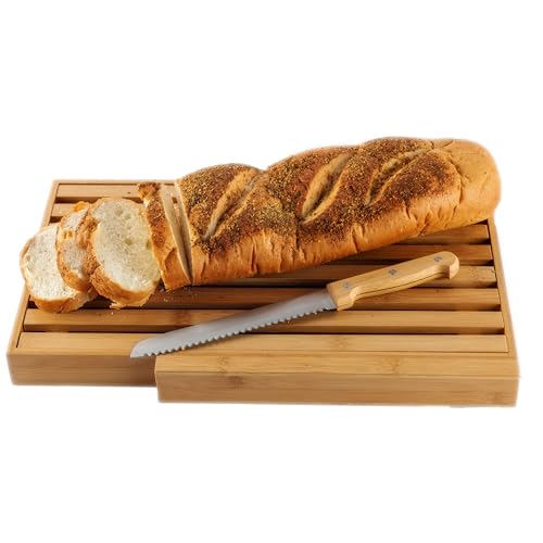 Großes Bambus-Brotschneidebrett mit großem Brotmesser und Krümelfänger/Tablett zum Schneiden von selbstgemachtem Brot, Brotkuchen und Bagel/vollständiges Brotschneide-Set von BAMBOO LAND