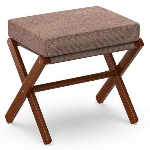 BAMBOOHOMIE Makeup Eitelkeit Hocker, Faltbarer Fußhocker mit Bambus X Beinen, Ottoman Fußstütze Stuhl für Vanity, Moderne Fußhocker klein gepolstert für Wohnzimmer (Braun - Braun) von BAMBOOHOMIE