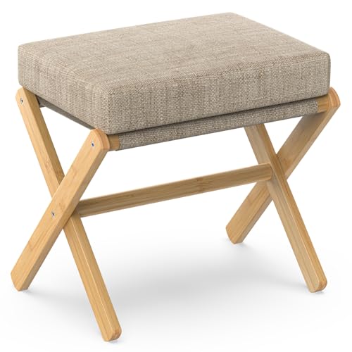 BAMBOOHOMIE Makeup Eitelkeit Hocker, Faltbarer Fußhocker mit Bambus X Beinen, Ottoman Fußstütze Stuhl für Vanity, Moderne Fußhocker klein gepolstert für Wohnzimmer (Natürlich - Braun) von BAMBOOHOMIE
