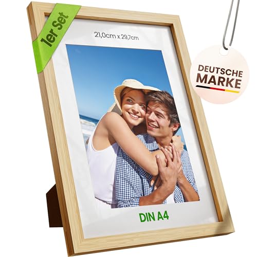 BAMBUA Bilderrahmen DIN A4 - (100% Bambus) 1x Stück Bilderrahmen 21x30 cm - Bilderrahmen A4 Holz mit bruchsicheren Acrylglas - Premium DIN A4 Bilderrahmen 20x30 cm - Ideal als Geschenk von BAMBUA