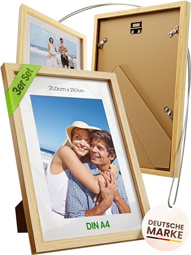 BAMBUA Bilderrahmen DIN A4 - (100% Bambus) 3x Stück Bilderrahmen 21x30 cm - Bilderrahmen A4 Holz mit bruchsicheren Acrylglas - Premium DIN A4 Bilderrahmen 20x30 cm - Ideal als Geschenk von BAMBUA