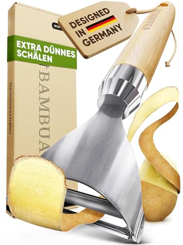 BAMBUA Sparschäler - (100% Plastikfrei) Kartoffelschäler - Gemüseschäler mit Klinge aus Edelstahl - Extra dünnes Schälen - Premium Spargelschäler, Schäler, Potato Peeler von BAMBUA