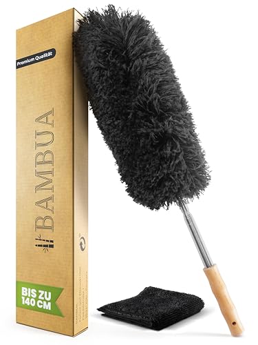 BAMBUA Staubwedel Teleskop - Effektiver Staubfänger mit erstklassiger Mikrofaser - Nachhaltiger Bambusgriff - Premium Staubwischer inkl. Mikrofasertuch - Teleskop Staubwedel lang ausziehbar (140cm) von BAMBUA