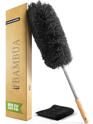 BAMBUA Staubwedel Teleskop - Effektiver Staubfänger mit erstklassiger Mikrofaser - Nachhaltiger Bambusgriff - Premium Staubwischer inkl. Mikrofasertuch - Teleskop Staubwedel lang ausziehbar (240cm) von BAMBUA