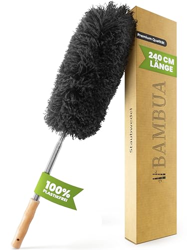 BAMBUA Staubwedel Teleskop - (100% Plastikfrei) Effektiver Staubfänger mit speziellen Mikrofaser - Bambusgriff - Hergestellt aus Moso-Bambus - Premium Staubwischer für nachhaltige Reinigung (240 cm) von BAMBUA