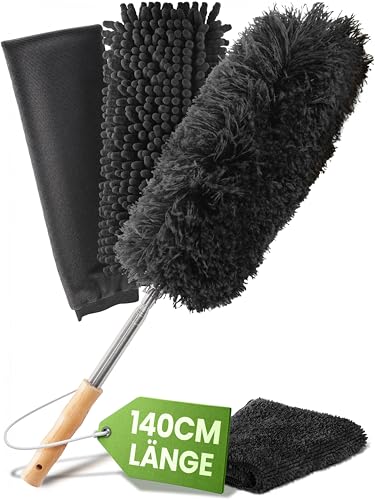 BAMBUA Staubwedel Teleskop Set - Erstklassiges Staubfänger Set - 3 Effektive Aufsätze - Nachhaltiger Bambusgriff - Premium Staubwischer für nachhaltige Reinigung inkl. Mikrofasertuch (140 cm) von BAMBUA