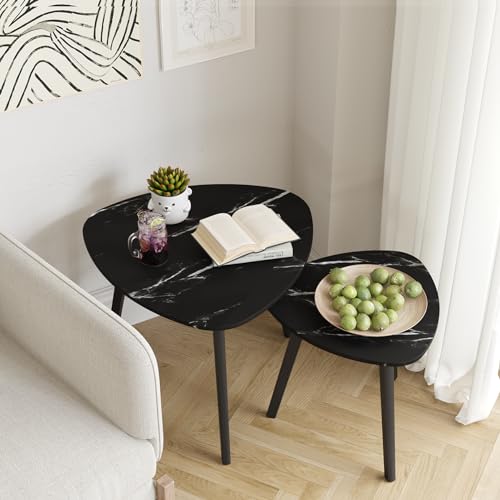BAMEOS Beistelltisch Dreieck ineinandergreifender Bambustisch 2er Set Modern Minimalistisch Wohnzimmer Beistelltisch (schwarzer Marmor) von BAMEOS