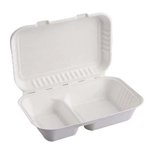 BAMI 50x Lunchbox Large | Zuckerrohr | weiß, 2-geteilt, 23x15,5x6,5cm | Essensbox mit Deckel, Take Away Box von BAMI EINWEGARTIKEL