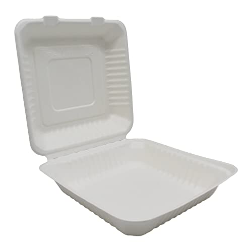 BAMI 50x Menübox | Zuckerrohr | weiß, Groß, 23,5x23,5x8cm | Essensbox mit Deckel, Take Away Box von BAMI EINWEGARTIKEL