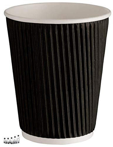 BAMI Kaffeebecher | Riffelbecher | Einwegbecher | Heiße Getränke Becher | Schwarz, geriffelt, doppelwandig 0,4l / 16oz. | 200 Stück von BAMI