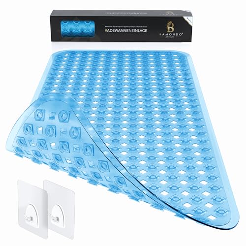 BAMONDO Badewannenmatte rutschfest & hautsensitiv (blau transparent) - 88x39 cm - maschinenwaschbar | schimmelfrei | BPA frei - Antirutschmatte für Badewanne mit Saugnäpfe von BAMONDO